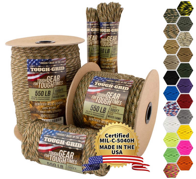 TOUGH-GRID 550 Paracord Rope Nylon Parachute Cord, Made in USA Survival Kit, Outdoor Adventures, Camping, Tactical Gear & Emergency Supplies, Military Type III Mil-Spec - Image 1